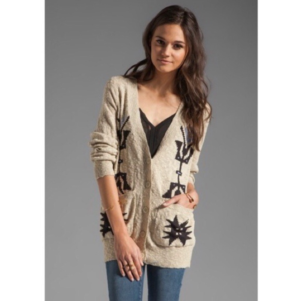 Sanctuary Ranch Aztec Oatmeal woven v-neck button down cardigan M - Picture 1 of 12